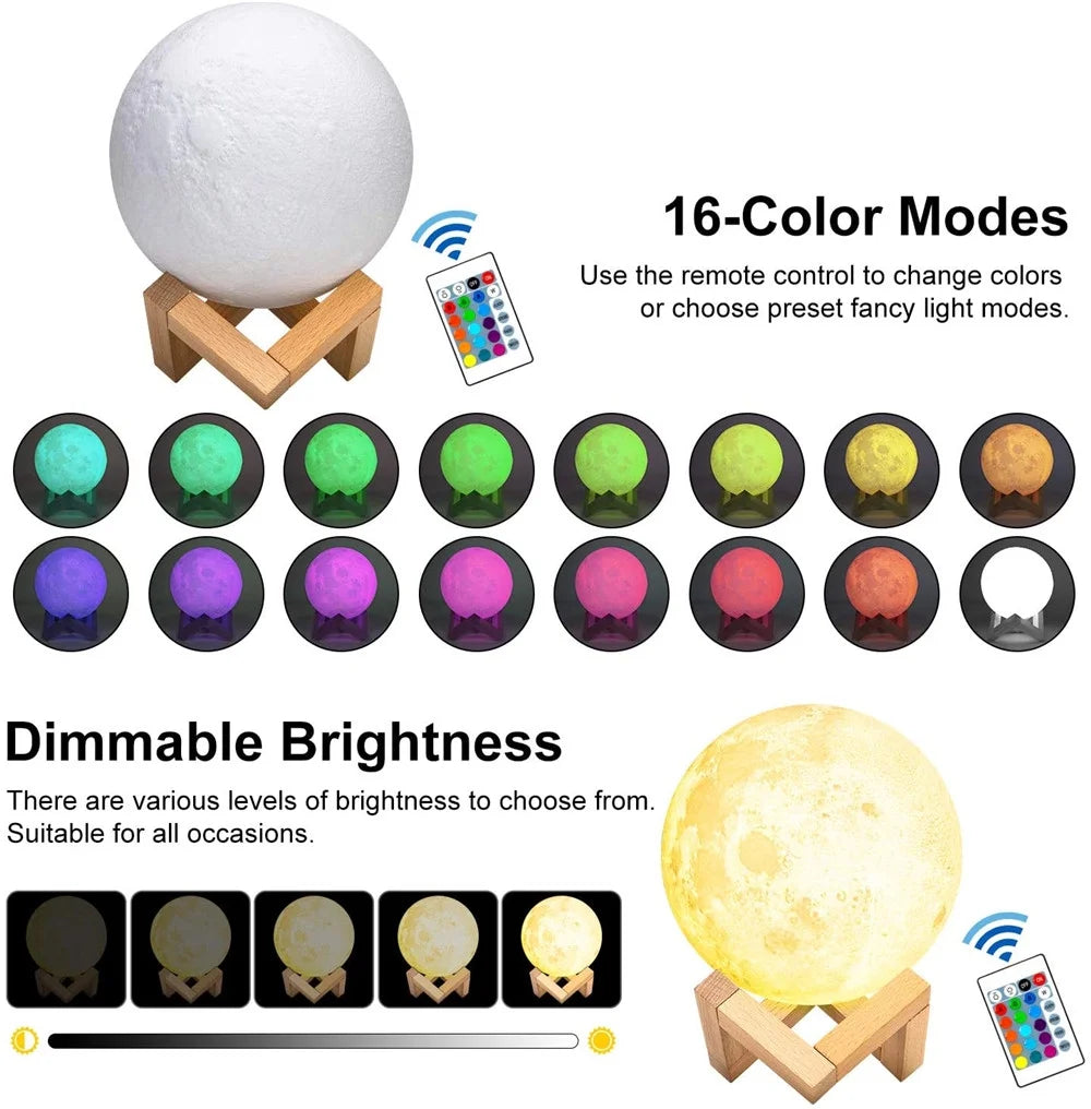 Moon Light, 3D Printed LED 16 Colors RGB Moon Lamp, Remote & Touch Control, Dimmable, Color Changing, USB Recharge, Seamless Lunar Moonlight Night Light Lamp with Stand for Baby Bedrooms