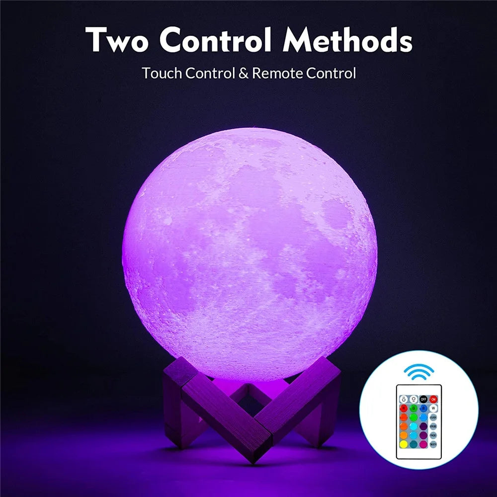 Moon Light, 3D Printed LED 16 Colors RGB Moon Lamp, Remote & Touch Control, Dimmable, Color Changing, USB Recharge, Seamless Lunar Moonlight Night Light Lamp with Stand for Baby Bedrooms