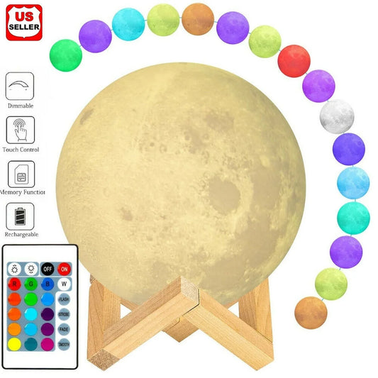 Moon Light, 3D Printed LED 16 Colors RGB Moon Lamp, Remote & Touch Control, Dimmable, Color Changing, USB Recharge, Seamless Lunar Moonlight Night Light Lamp with Stand for Baby Bedrooms