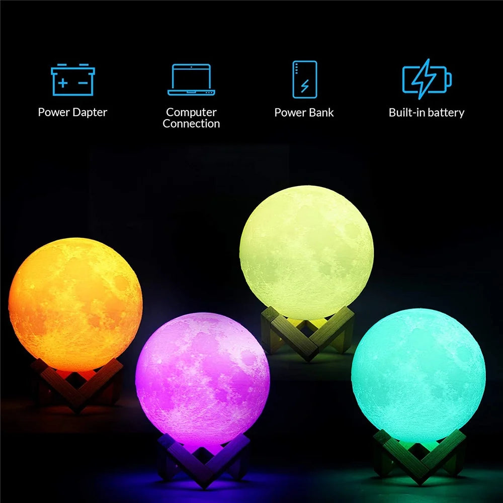 Moon Light, 3D Printed LED 16 Colors RGB Moon Lamp, Remote & Touch Control, Dimmable, Color Changing, USB Recharge, Seamless Lunar Moonlight Night Light Lamp with Stand for Baby Bedrooms